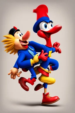 Woody woodpecker giving noddy a piggyback