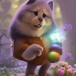 pixar style, volumetric summer garden environment and background, realistic painting of parfüm bottle, looking excited, volumetric lighting, dramatic lighting, detailed digital painting, extreme dense and fine fur, anime, ornate, colour-washed colors, elegant, small minutiae, tiny features, particulars, centered, smooth, sharp focus, renderman gofur render, 8k, uhd, detailed eyes, realistic shaded volumetric lighting, sunlight caustics, backlight, centered camera view