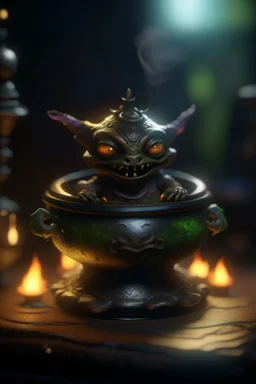 nightmare, cauldron with shining sigil and containing a slightly alien imp gremlin in it, prize winning oil painting, ,bokeh like f/0.8, tilt-shift lens 8k, high detail, smooth render, down-light, unreal engine