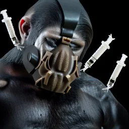 Ape earing Bane mask, visually stunning, trending on sci-fi forums and websites, explores the limits of technology and humanity, thought-provoking theme