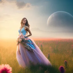 country side A full body portrait very beautiful woman ,smiling, longs hairs,elegant, atmospheric, realistic, cinematic lighting, pink blue light, 8k, galactic atmosphere, flowers