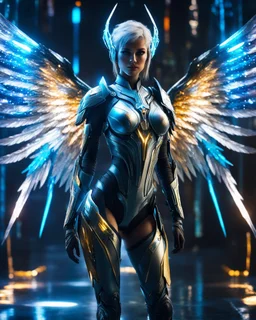 Length picture night Photography Realistic High Details,Natural Beauty,Full body Beautiful Angel Pretty woman cybernetic ,futuristic warframe armor,wings ,in Magical Planets Cosmic full of lights colors,glowing in the dark, Photography Art Photoshoot Art Cinematic Soft Blur Colors