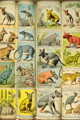 different variations of marsupials montage science book style