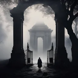 паломник,ворота в храм,руины,туман,яркий свет