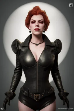 Hannah Waddingham as evil queen in black leather, busty, cleavage, voluptous, rebecca Welton, angry, stern look. character design by cory loftis, fenghua zhong, ryohei hase, ismail inceoglu and ruan jia. unreal engine 5, artistic lighting, highly detailed, photorealistic, fantasy