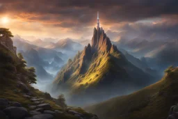 A massiv mountain with a needle thin tower on the top. fantasy concept art, exquisite realism, a masterpiece, dynamic lighting, hyper detailed, intricately detailed, deep color, Unreal Engine, volumetric lighting , Epic cinematic brilliant stunning intricate meticulously detailed dramatic atmospheric maximal,