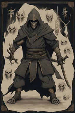 🫀bones demon ninja, black fire magic,magic runes, ancient magi use, text description, golden cape,Sketch book, hand drawn, dark, gritty, realistic sketch, Rough sketch, mix of bold dark lines and loose lines, bold lines, on paper, turnaround character sheet,breath taking, sharp lense, professional photographie, 70mm lense, detail love, good quality, unreal engine 5, wallpaper, colerful, highly detailed, 8k, soft light, photo realistic