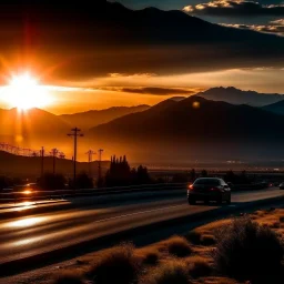 night time, a car driving from a city to the mountains, the sun rising in the distance, photo quality