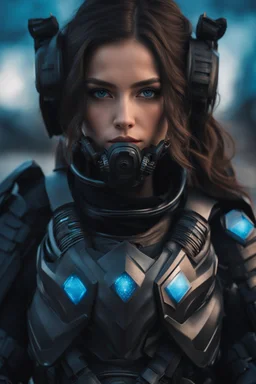 A full photo of a girl in modern black armor, , fantasy art, concept art, futuristic, 8k high resolution, extremely detailed armor, extremely detailed gas mask, blue hour