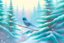 fluffy emerald branch of a spruce with snow, on which jays sit with rowan in their beaks, delicate, soft lines, pastel colors, blue, white, pink, lilac, mint, orange, green, yellow, shabby chic mystic style, fairy tale, in the background a fabulous forest, beautiful in winter, superhyperrealism, high quality