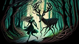 lovecraftian styled resurrected unhappy single deer chasing the modest human lady through the forest.