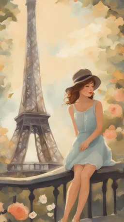 a painting of a girl in front of the eiffel tower, paris background, portrait of paris, romance book cover, cute storybook illustration, french girl, with eiffel view, by Lü Ji, paris, eiffel tower, promotional poster art, as a tarot card, a beautiful artwork illustration, romanticism art style, children's book cover, nouveau painting, infp girl