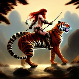 ultra detailed portrait of beautiful Red Sonja riding a Great tiger ,wearing plate armor, extremely detailed digital painting, in the style of Robert Howard and Earl Norem and fenghua zhong and ruan jia and jeremy lipking and peter mohrbacher, mystical colors, rim light, beautiful lighting, 8 k, stunning scene, raytracing, octane, trending on artstation