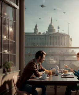 Realistic scene, American shot view, 0 gravity, levitating man and woman sitting in cafeteria and having breakfast, Wes Anderson, fly, floating, soft color, highly detailed, unreal engine 5, ray tracing, RTX, lumen lighting, ultra detail, volumetric lighting, 3d, finely drawn, high definition, high resolution.