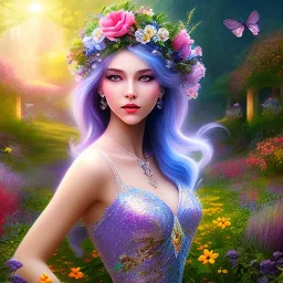 bright fairy, beautiful portrait, flowery landscape