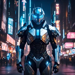full body portrait of in cybernetic armour, face visible, android cyborg, high-tech armor, at night, neon cyberpunk city, modern armorsuit, mechanical enhancement, technological breakthrough futuristic, bustling streets