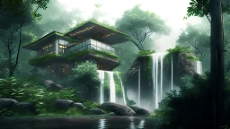 modern house by a big water falls in a karstic montain rain forest