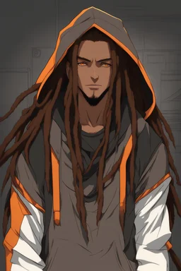 Anime male, age 23, long thick dreadlocks doing down past neck length, orange highlights in hair, dark brown natural hair color, black and gold hoodie with the hood down , lean slim muscular body, cybernetic features on face, gold features in hair, relaxed smile