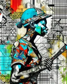 an extreme abstract acrylic and ink and battered paper photo collage poster of a heavily stylized factory worker holding a hammer, an unexpected arafed improbability with a checkered juxtaposition, liminal space, tribal patterns, memories of negative space, amazing reflections, amazing curves, amazing transparency, split vibe, double exposure influence, heavy zigzag vibe, side view, afrofuturism