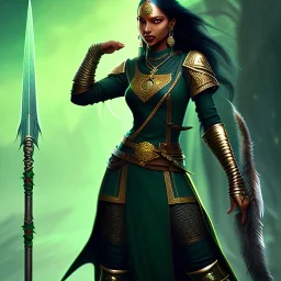 personnage de fantaisie, médiéval fantaisie, féminin, indienne, peau sombre, cheveux noir avec mèche verte