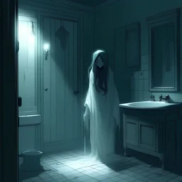 The dim bathroom at night, a long haired female ghost