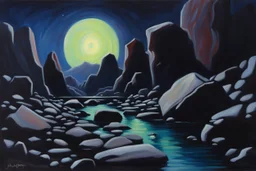 Rocks, night, 2000's sci-fi movies influence, juliette wytsman impressionism painting