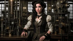 pale-faced woman with dark wavy shoulder-length hair, with detailed steampunk metal arms and legs, dressed like a Victorian, in a laboratory full of small machines