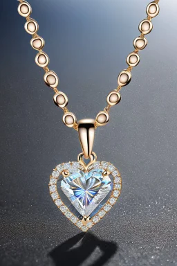 Create a visually stunning and luxurious image of a diamond necklace with a big heart shape diamond at the center and 3 layers of small round diamonds around it