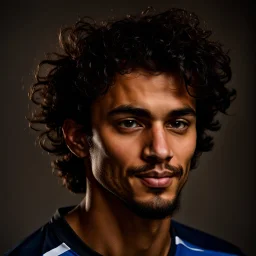 85mm DSLR color photography of a very detailed headshot fitting all of head and hair in frame. 23-year-old English soccer player, with black hair color and with facial hair and has a brown light skin tone with a small smile, grey background has a dangerous look to his face