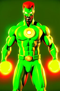 Greenlantern look a like dressed in orange. In 3D cartoons, ultra realistic