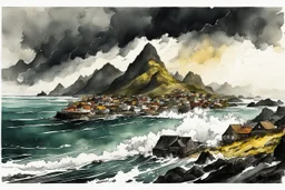 an abstract ink wash and watercolor lithographic illustration of a storm tossed, highly detailed coastal fishing village in the mountainous islands of Lofoten , with ominous storm of the century thunderheads and pounding surf , finely drawn and inked, 4k, hyper detailed and vibrantly colored in the comic art style of Bill Sienkiewicz and Frank Miller