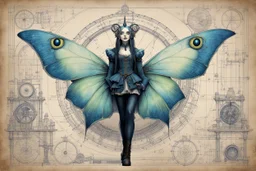 Jean-Baptiste Monge style 19th century hand drawn technical illustration with detailed blueprints and engineering schematics of a walking hybrid Luna moth goth girl, with highly detailed facial features with multi cellular eyes, drawings, and technical notation, 8k, vibrant natural colors,