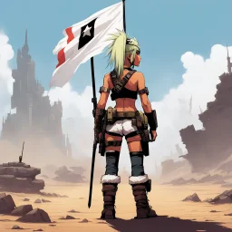 small tank girl young seen from the back with a white flag blocks tall orcs and giants, she is the soldier of peace