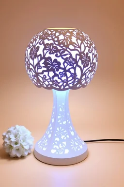 Create a product table lamp inspired by nyonya kebaya in wood material process laser cutting in off white background