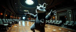 pin hole cam, knitted fluffy mean wolf alien gremlin badger star ship bridge captain dancing in a big hall in the style of Rembrandt and Escher and Dali