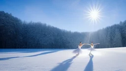 A snow-covered landscape, with a pair of ballet dancers performing a graceful waltz in the sky, surrounded by a heavenly chorus of angels.