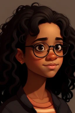Make an 11-year old girl with light brown skin and thick, medium, black and curly hair with thick black glasses, a long head and a round chin. She also has a big mole on her neck and dark brown eyes.