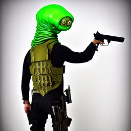 Alien, snake, metaljellyfishsombrero, vest, hands, holding gun, holster, steel military boots