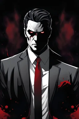 A menacing, shadowy figure draped in a suit. His suit is black, and his shirt is white with some red blood. He looks like a businessman, but his glare and the way he is standing in the picture give off an evil or mysterious vibe. His eyes are evil , dark, deep colors, detailed, sinister, dark thriller mood
