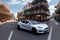 A Tesla 'Model S' is drifting at high speeds, on the streets of New Orleans. (CINEMATIC, WIDE ANGLE LENS, PHOTO REAL)