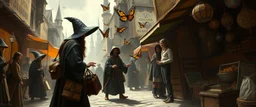 fantasy art, style of Rembrandt,Student prank gone wrong: Apprentice wizards from the Conclave of Silverymoon accidentally conjure a mischievous minor illusion (e.g., a swarm of butterflies or a caustic pheasant) in the market.