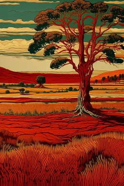 A red grassland plain with cypress trees designed in Navajo woven art painted by Vincent van Gogh