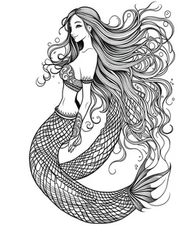 A real simple less black mermaid, coloring image, full body (((((white background))))), only use an outline., real style, line art, white color, clean line art, white background, Sketch style