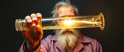 pin hole cam, master oil painting by Rembrandt, realistic rendering of crazy scientist holding a holy neon glowing super power tube vial