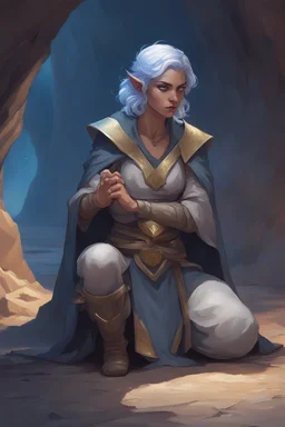 Dnd character on her knees in a cave. A female Elf twilight cleric with curly short blue hair and golden eyes, wearing gray robes. Etheral, muscular, strong.