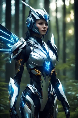 Facing Front night Photography Realistic High Details,Natural Beauty,Beautiful Angel Pretty woman cyborg mecha cybernetic futuristic warframe armor,helmet,wings ,in Magical Forest,full of lights colors,glowing in the dark, Photography Art Photoshoot Art Cinematic,Soft Blur Colors, sci-fi concept art