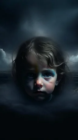 Mourning in dephts of ocean , a halo face of a child a smoky clouds in dark gloomy foggy background with very small dem light