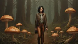 woman with black hair, in light brown leather trousers and jacket, walking through a forest of Alien mushrooms with jellyfish tentacles, photorealistic, Deep Colour, Intricate Detail, Keith Parkinson