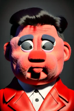 Waist up muppet Portrait, Kim Jong-un muppet doll, black suit, photo studio, red background, unreal engine 5, concept art, art station, ray tracing, lumen lighting, ultra detail, volumetric lighting, 3d.