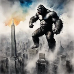 brush stroke Watercolor and ink illustration, Epic, long shot perspective of King Kong hanging atop the Empire State Building in 1930's New York City, double exposure, art by luis royo and greg mumford, trending on artstation, dynamic composition, graffiti art splash art, colorful polychromatic, ink leak, rough strokes, complex contrast, CGSociety, 3d shading